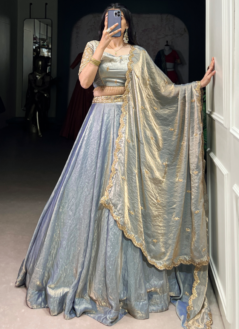 Attractive Organza Zari Embroidered Sky Blue Lehenga Choli For Wedding