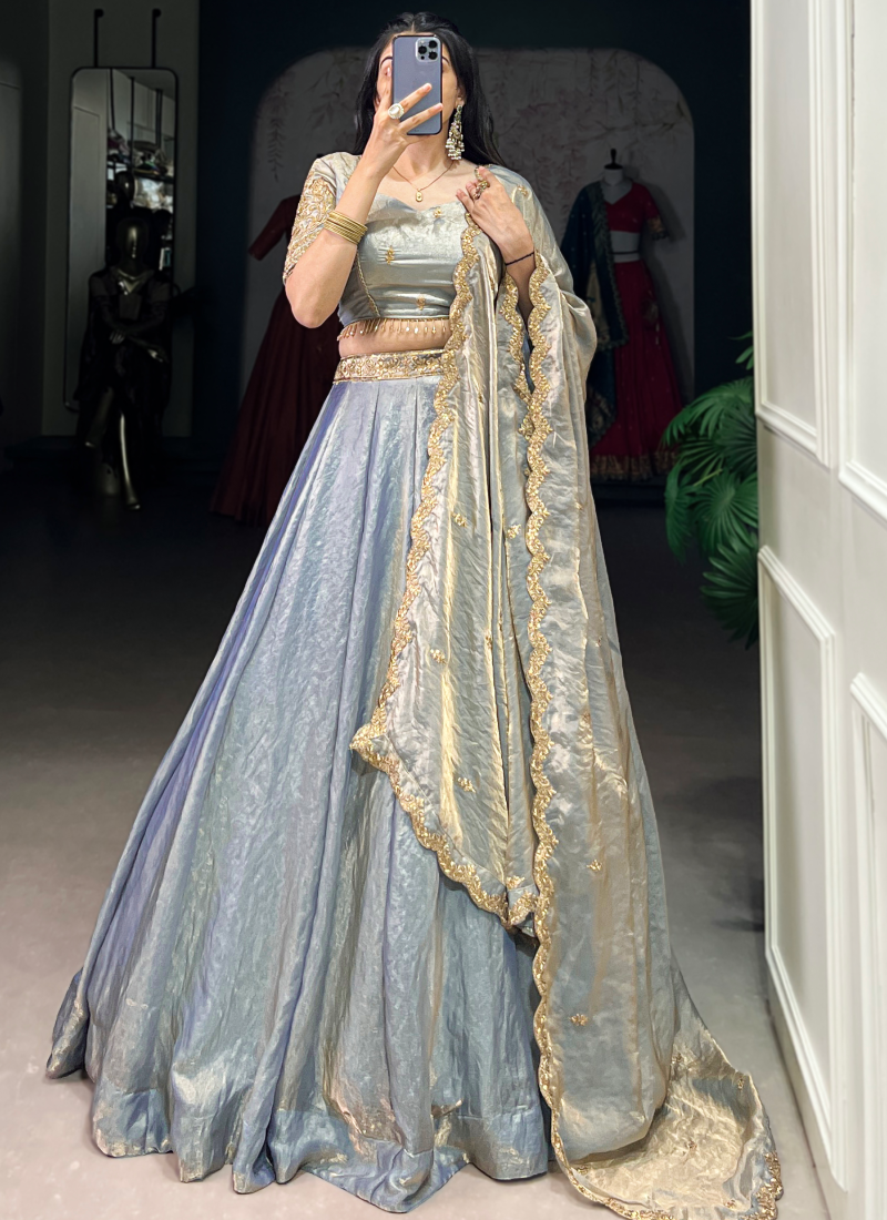 Attractive Organza Zari Embroidered Sky Blue Lehenga Choli For Wedding
