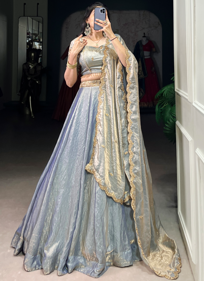 Attractive Organza Zari Embroidered Sky Blue Lehenga Choli For Wedding