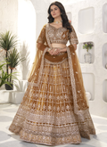 Attractive Sequence Embroidered Net Party Wear Golden Lehenga Choli