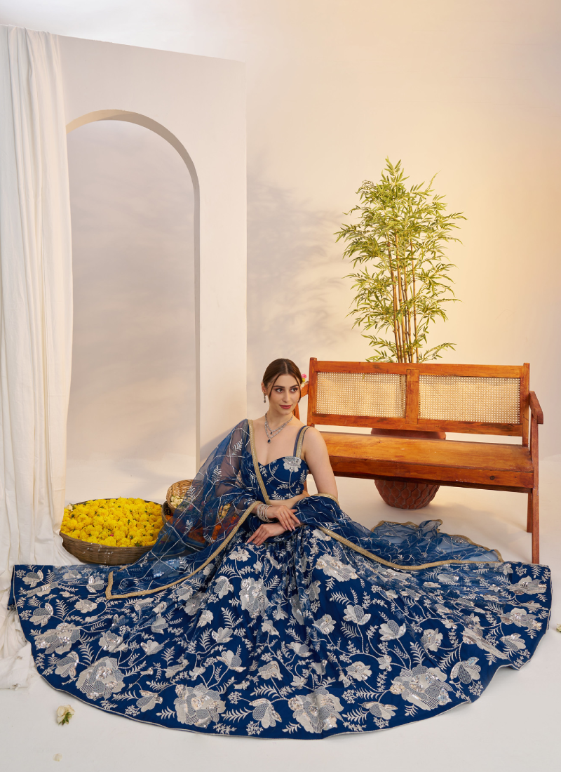 Attractive Thread Embroidered Navy Blue Net Lehenga Choli For Party