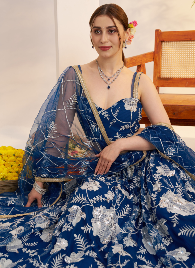 Attractive Thread Embroidered Navy Blue Net Lehenga Choli For Party
