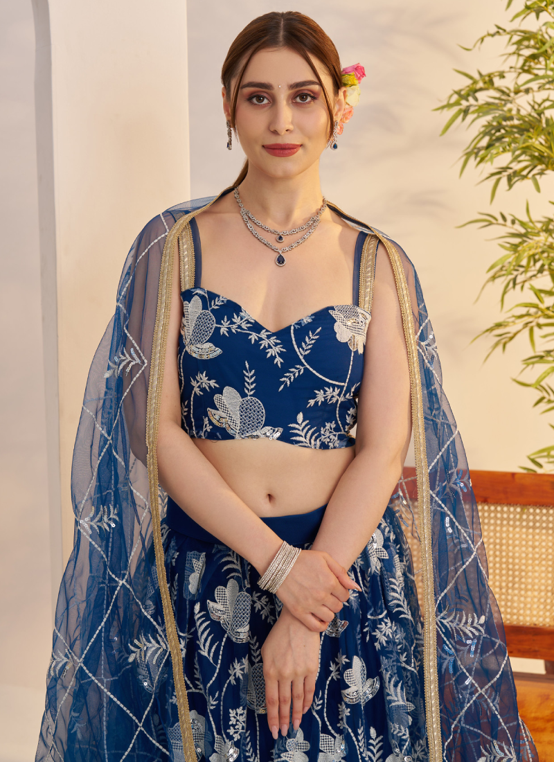 Attractive Thread Embroidered Navy Blue Net Lehenga Choli For Party