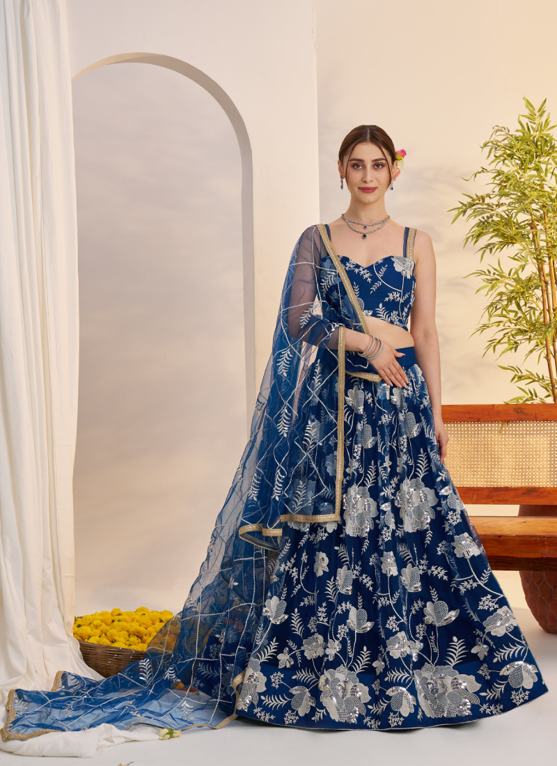 Attractive Thread Embroidered Navy Blue Net Lehenga Choli For Party
