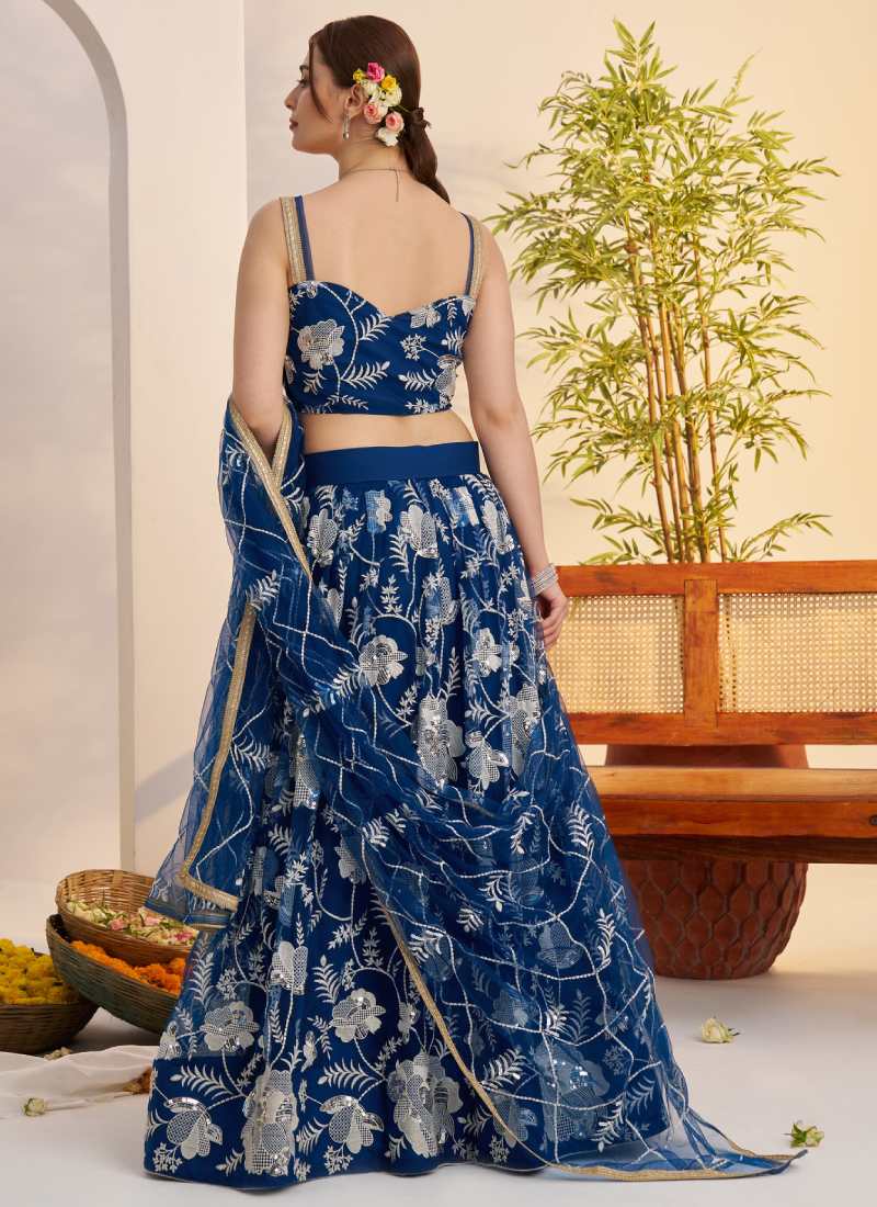 Attractive Thread Embroidered Navy Blue Net Lehenga Choli For Party