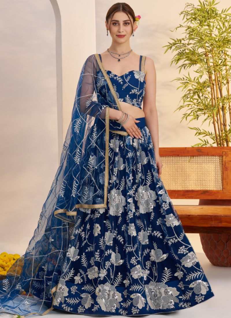 Attractive Thread Embroidered Navy Blue Net Lehenga Choli For Party