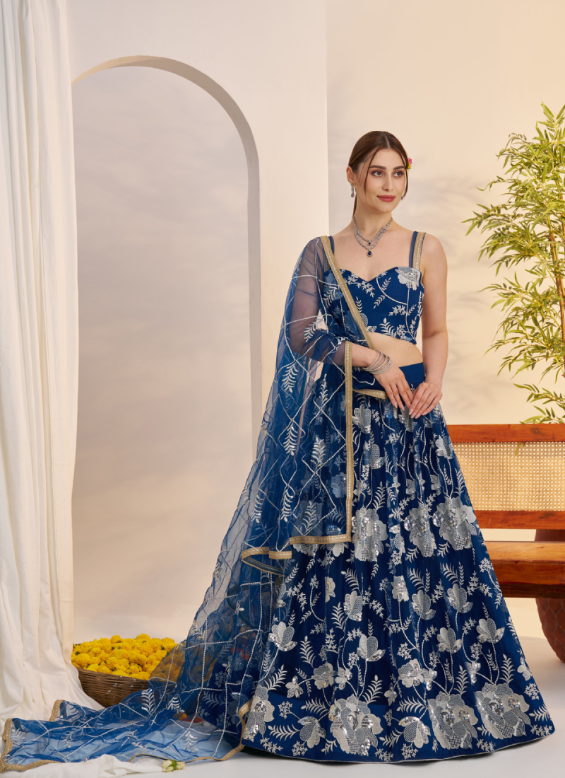 Attractive Thread Embroidered Navy Blue Net Lehenga Choli For Party