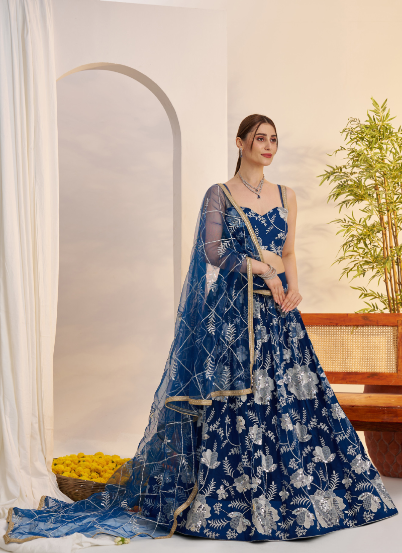 Attractive Thread Embroidered Navy Blue Net Lehenga Choli For Party
