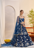 Attractive Thread Embroidered Navy Blue Net Lehenga Choli For Party