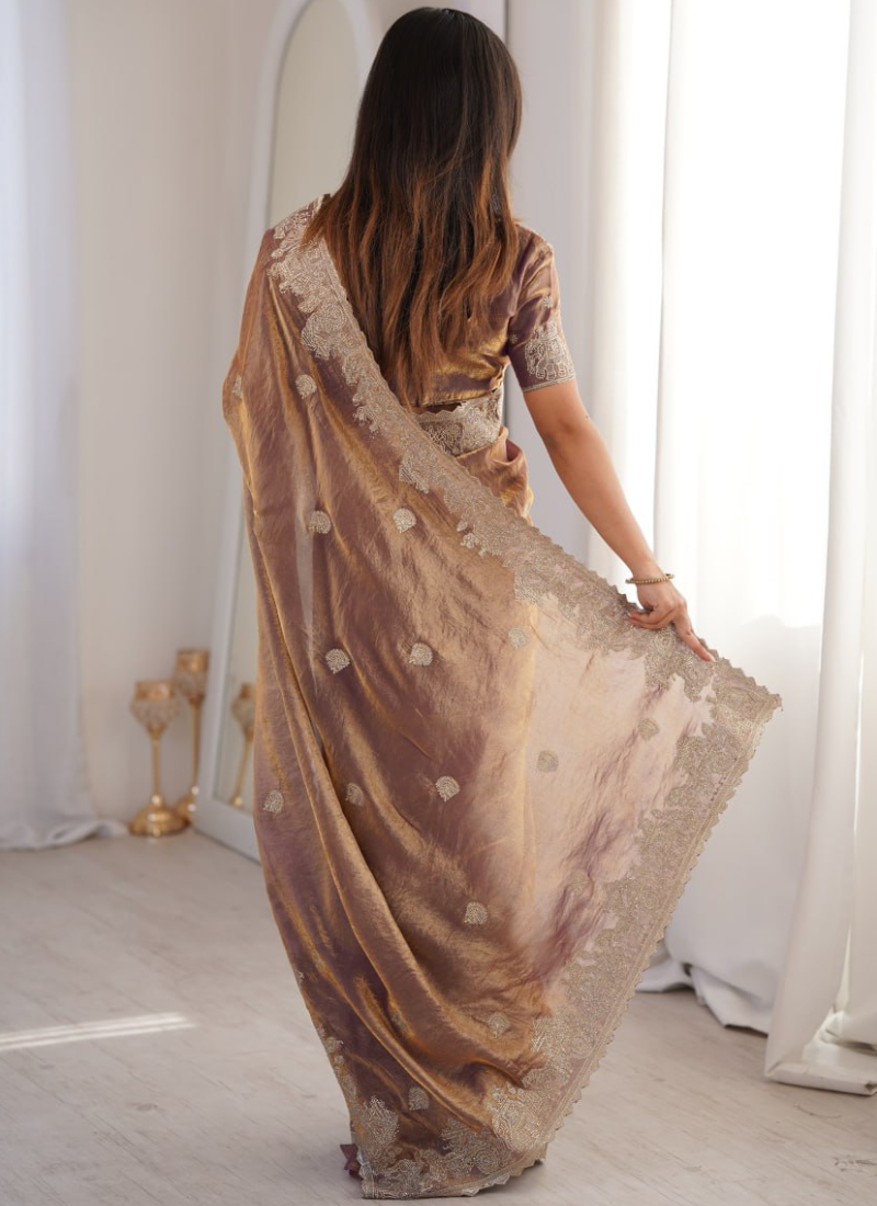 Attractive Zari Embroidered Onion Fendy Crush Silk Function Wear Saree