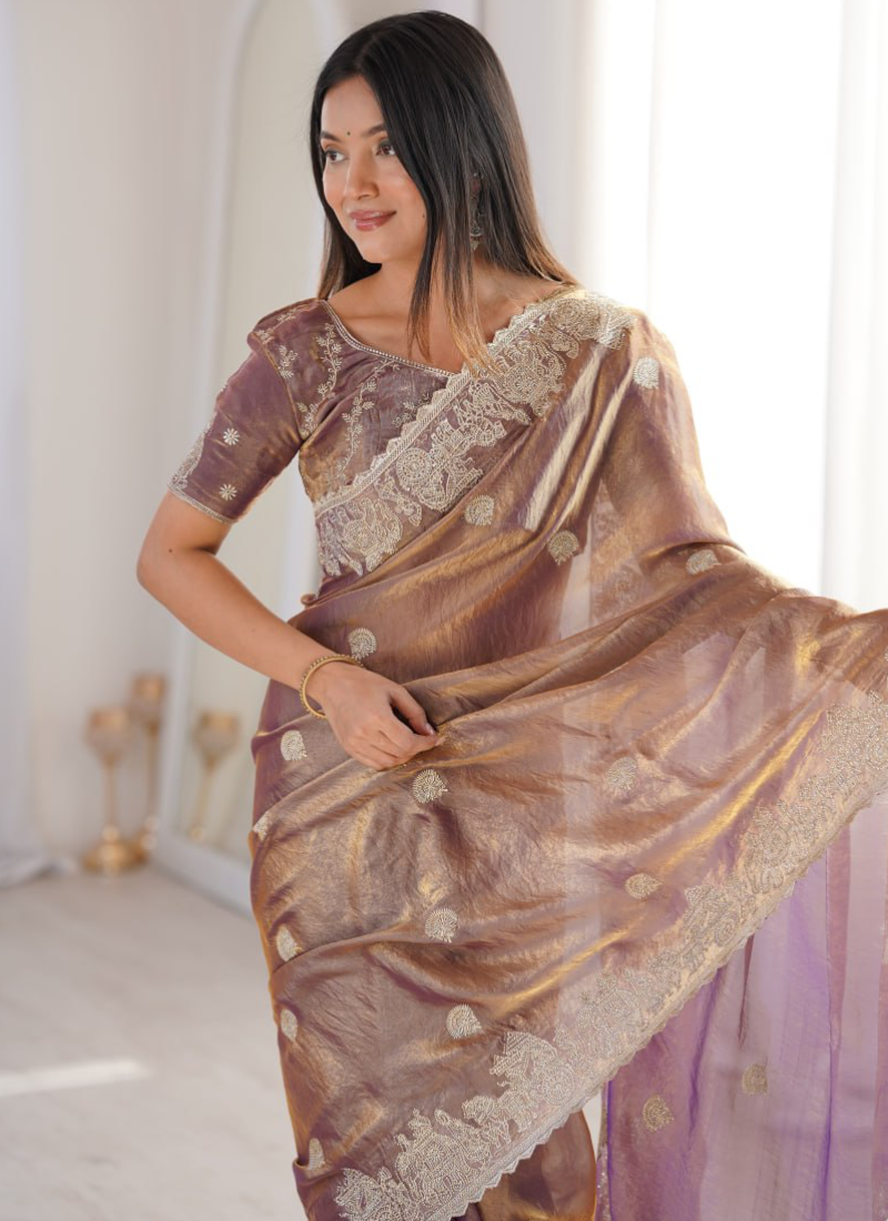 Attractive Zari Embroidered Onion Fendy Crush Silk Function Wear Saree