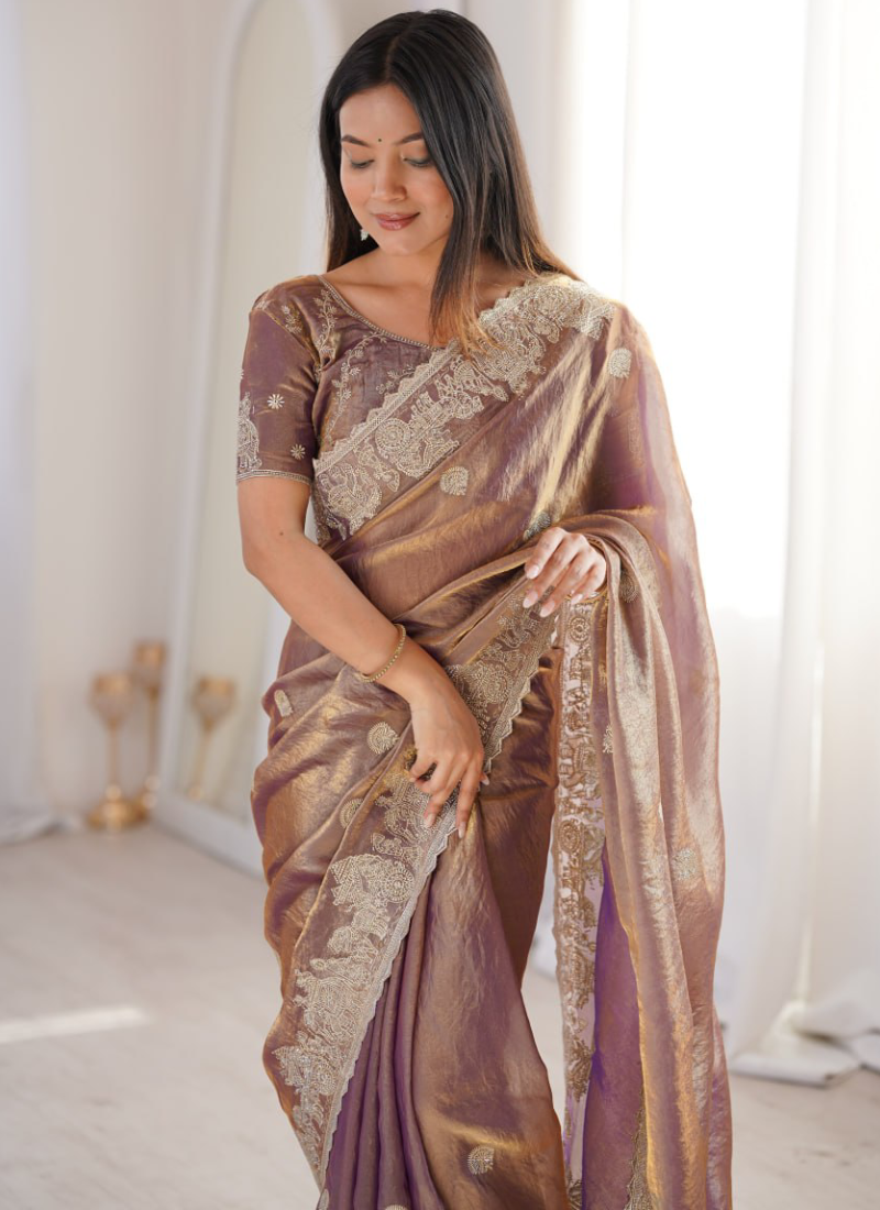 Attractive Zari Embroidered Onion Fendy Crush Silk Function Wear Saree