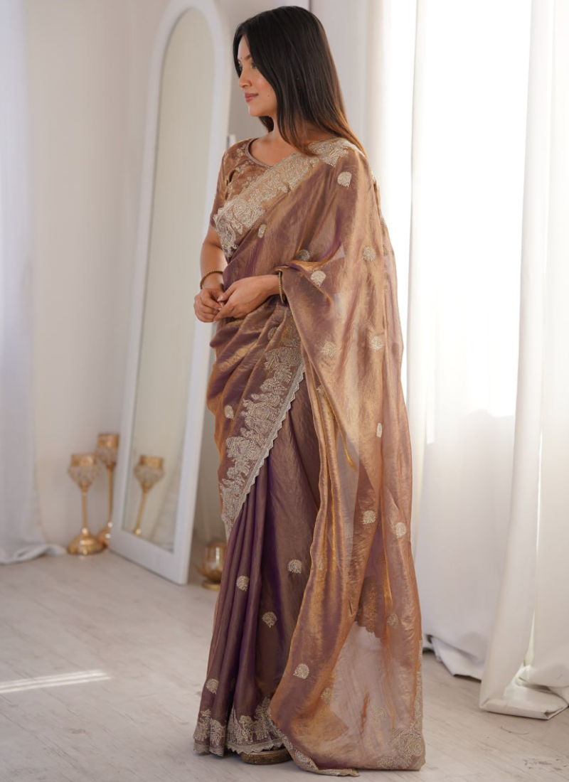 Attractive Zari Embroidered Onion Fendy Crush Silk Function Wear Saree