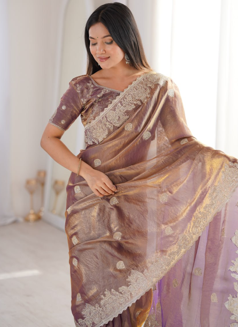 Attractive Zari Embroidered Onion Fendy Crush Silk Function Wear Saree