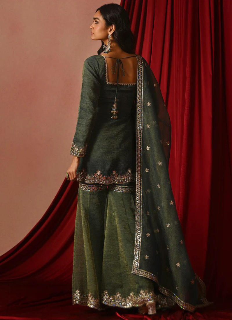 Attractive Zari Embroidery Silk Green Sharara Suit For Mehndi Ceremony