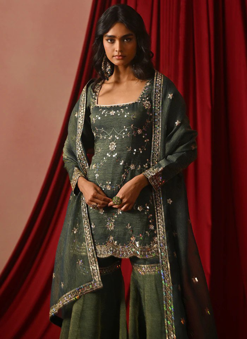 Attractive Zari Embroidery Silk Green Sharara Suit For Mehndi Ceremony