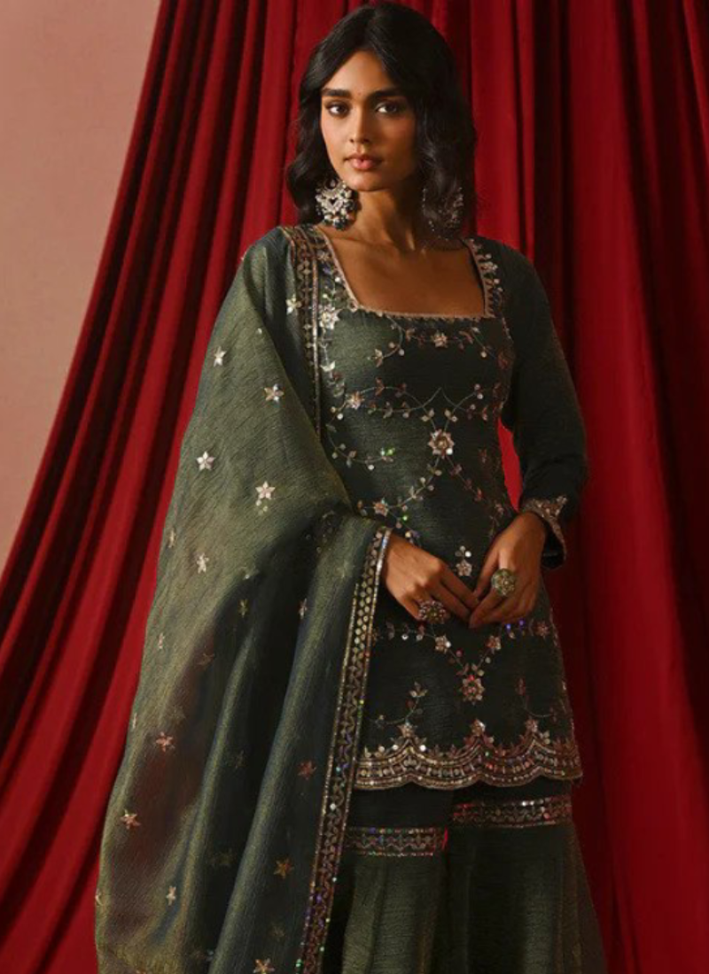 Attractive Zari Embroidery Silk Green Sharara Suit For Mehndi Ceremony