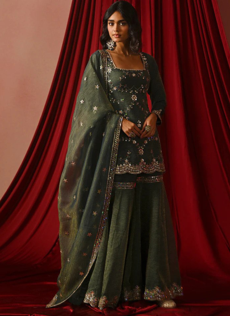 Attractive Zari Embroidery Silk Green Sharara Suit For Mehndi Ceremony