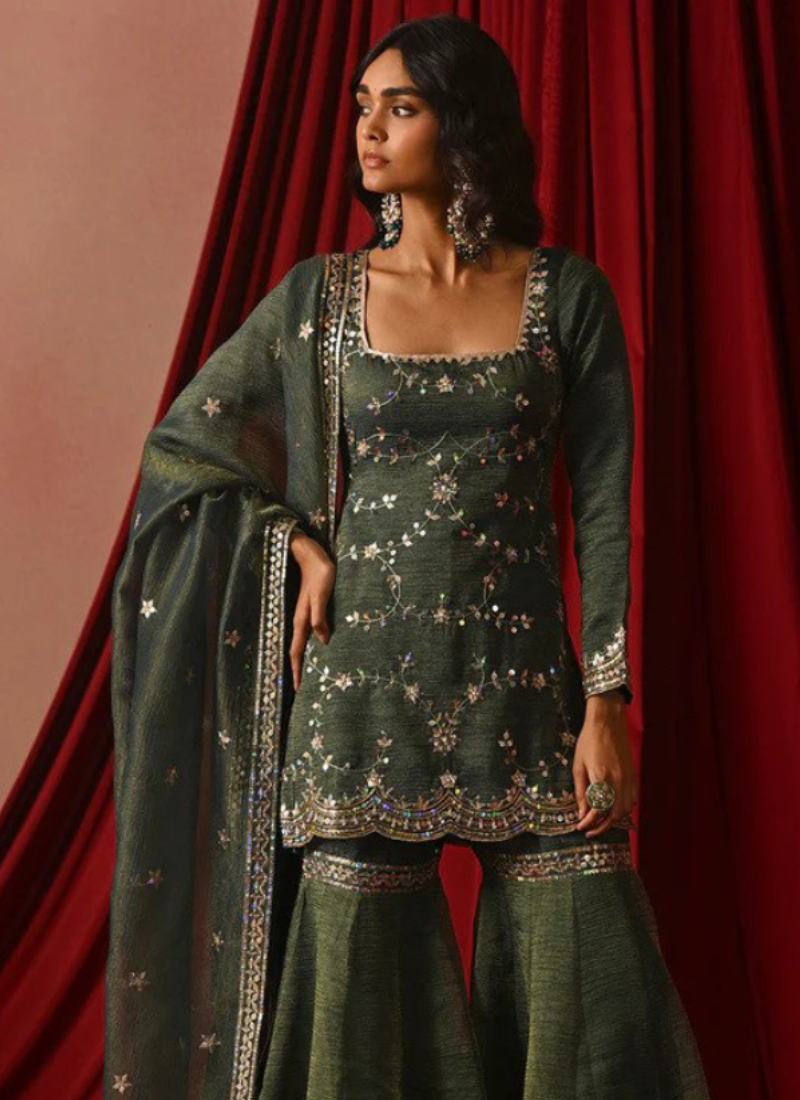 Attractive Zari Embroidery Silk Green Sharara Suit For Mehndi Ceremony