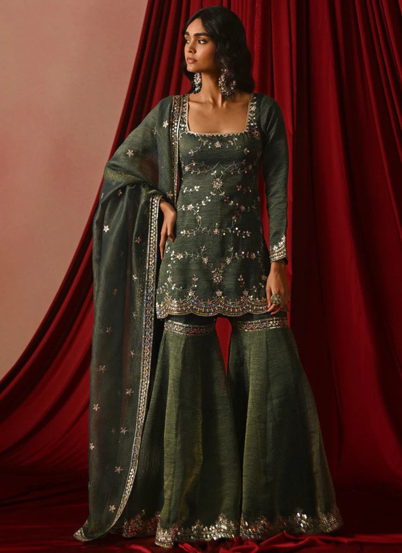 Attractive Zari Embroidery Silk Green Sharara Suit For Mehndi Ceremony