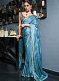 Attractive Zari Weaving Work Viscose Satin Sky Blue Bridesmaid Saree