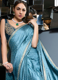 Attractive Zari Weaving Work Viscose Satin Sky Blue Bridesmaid Saree