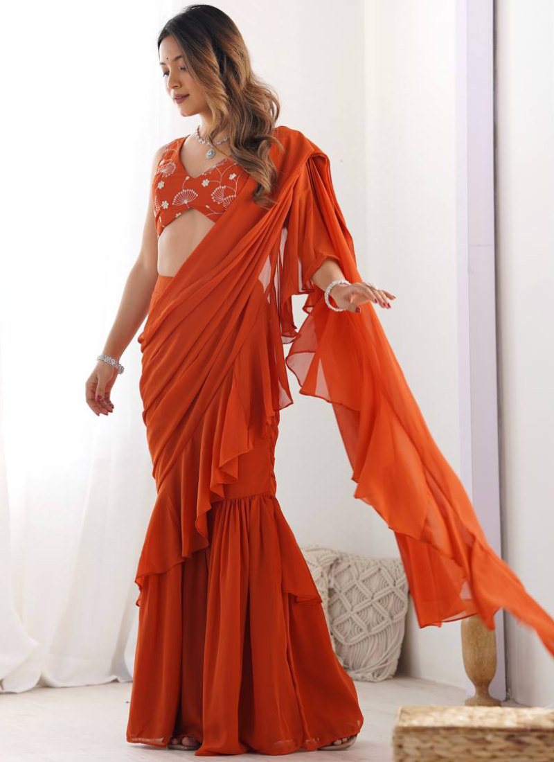Attractive Zari Work Blouse With Georgette Orange Plain Sharara Saree