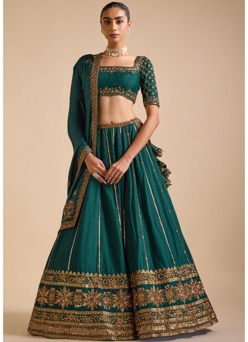 Attractive Sequence Embroidery Work Bottle Green Silk Lehenga Choli