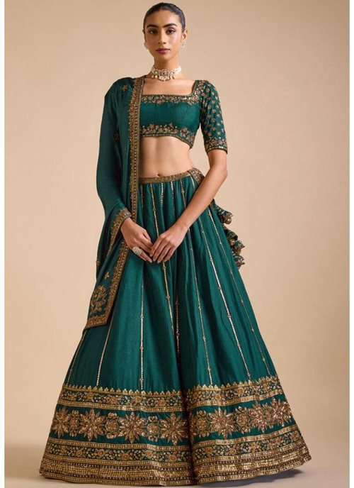 Attractive Sequence Embroidery Work Bottle Green Silk Lehenga Choli