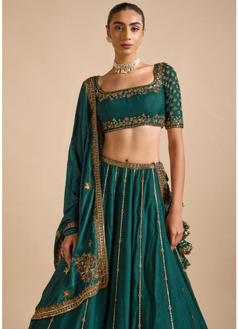 Attractive Sequence Embroidery Work Bottle Green Silk Lehenga Choli