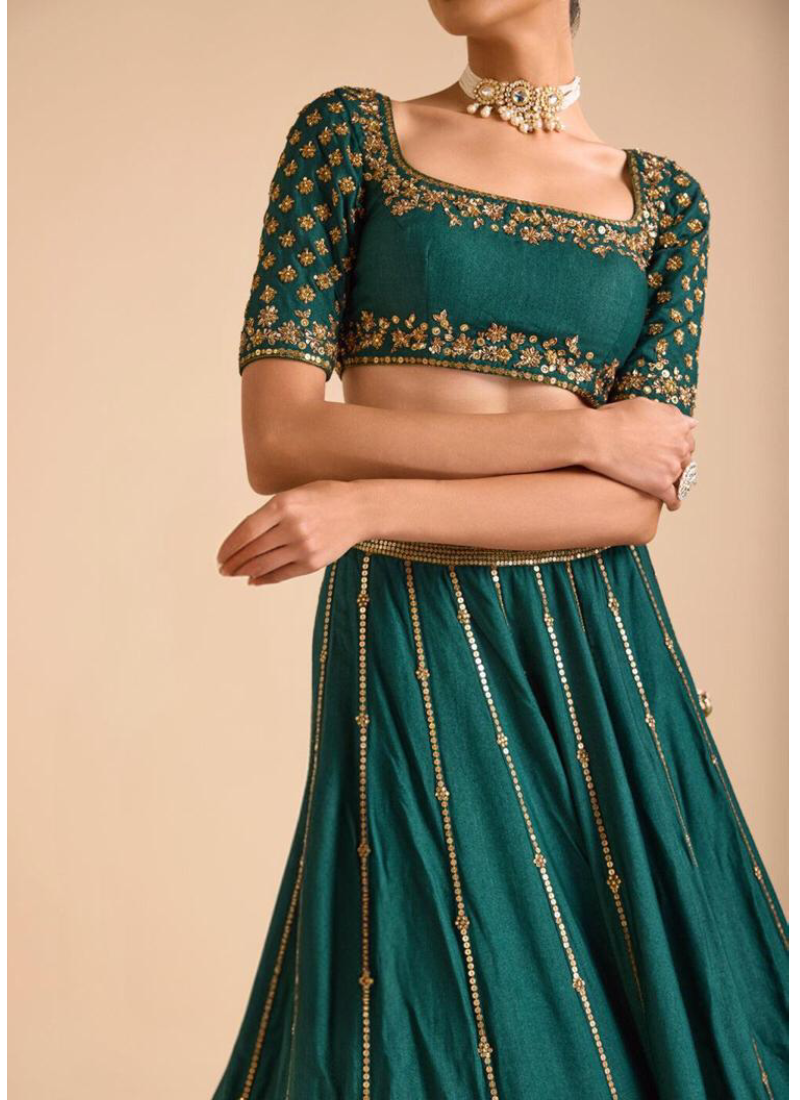 Attractive Sequence Embroidery Work Bottle Green Silk Lehenga Choli