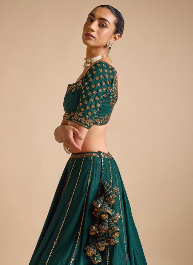 Attractive Sequence Embroidery Work Bottle Green Silk Lehenga Choli