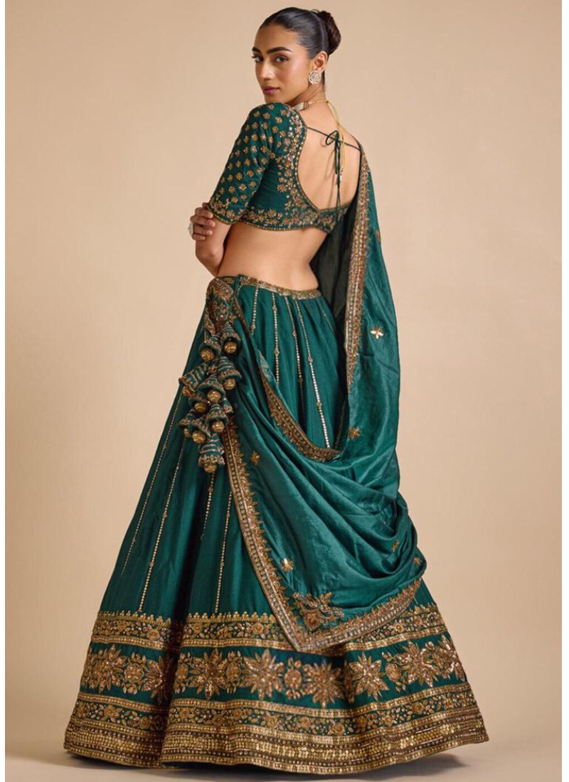 Attractive Sequence Embroidery Work Bottle Green Silk Lehenga Choli