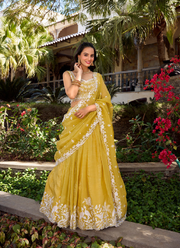 Attractive Thread Embroidered Silk Haldi Special Yellow Lehenga Choli