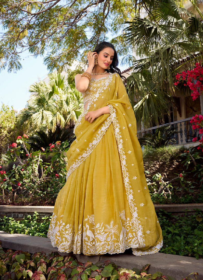 Attractive Thread Embroidered Silk Haldi Special Yellow Lehenga Choli