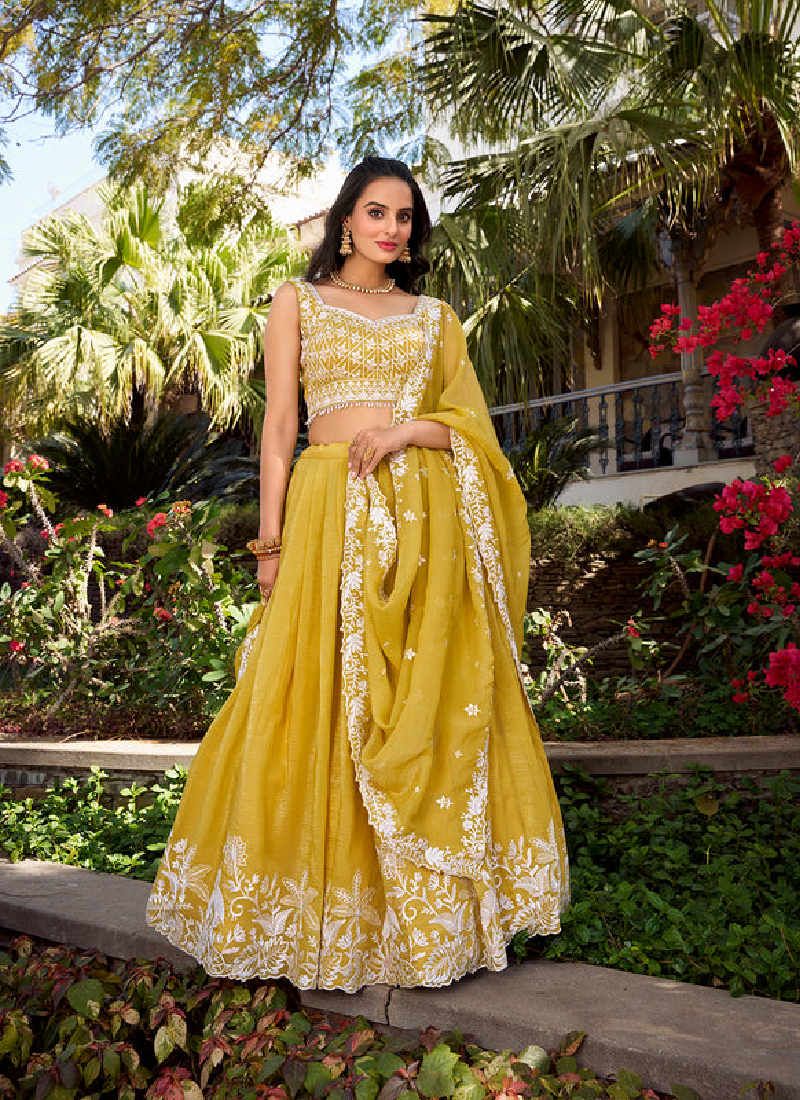 Attractive Thread Embroidered Silk Haldi Special Yellow Lehenga Choli