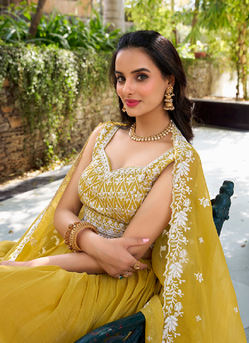 Attractive Thread Embroidered Silk Haldi Special Yellow Lehenga Choli