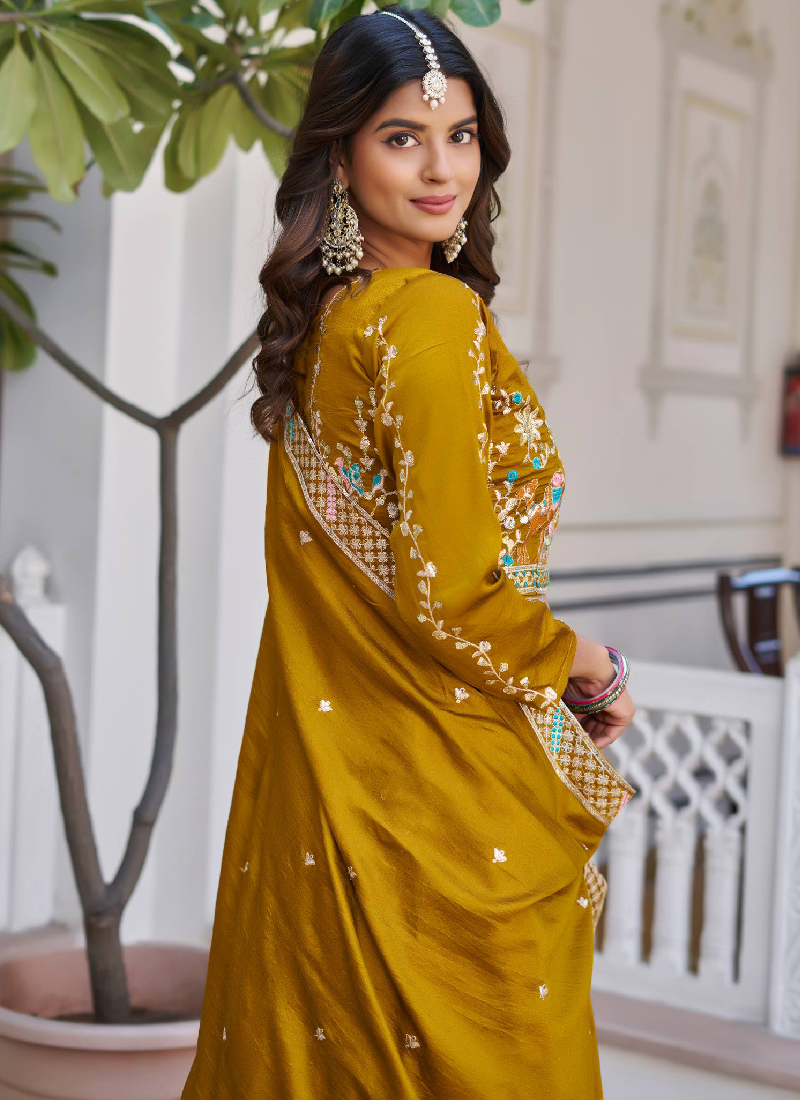 Awesome Heavy Thread Embroidered Vichitra Silk Mustard Yellow Lehenga