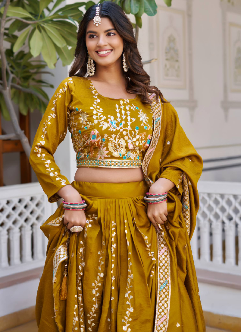 Awesome Heavy Thread Embroidered Vichitra Silk Mustard Yellow Lehenga