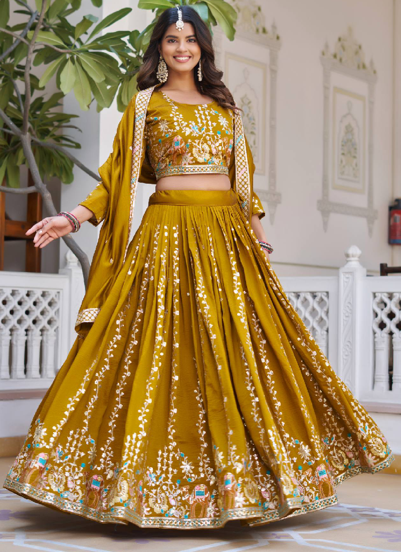 Awesome Heavy Thread Embroidered Vichitra Silk Mustard Yellow Lehenga