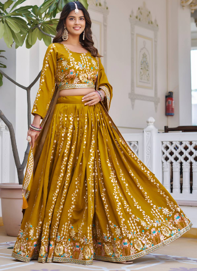 Awesome Heavy Thread Embroidered Vichitra Silk Mustard Yellow Lehenga
