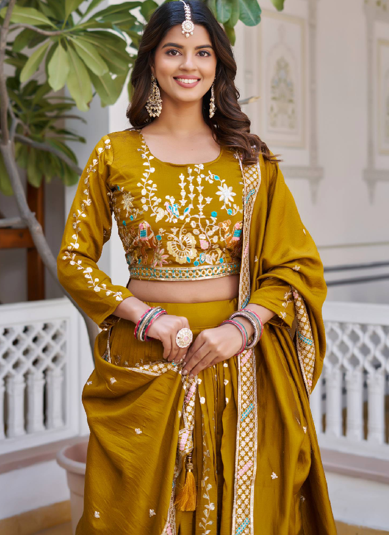Awesome Heavy Thread Embroidered Vichitra Silk Mustard Yellow Lehenga