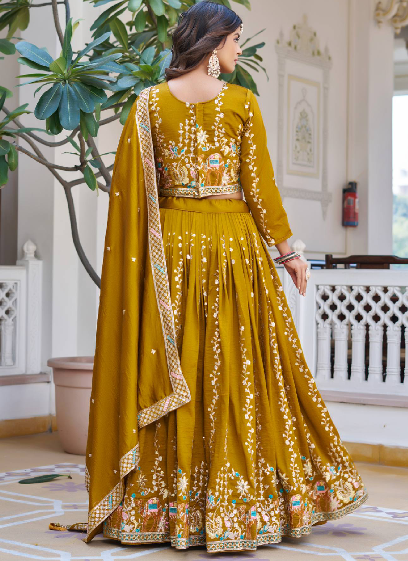Awesome Heavy Thread Embroidered Vichitra Silk Mustard Yellow Lehenga