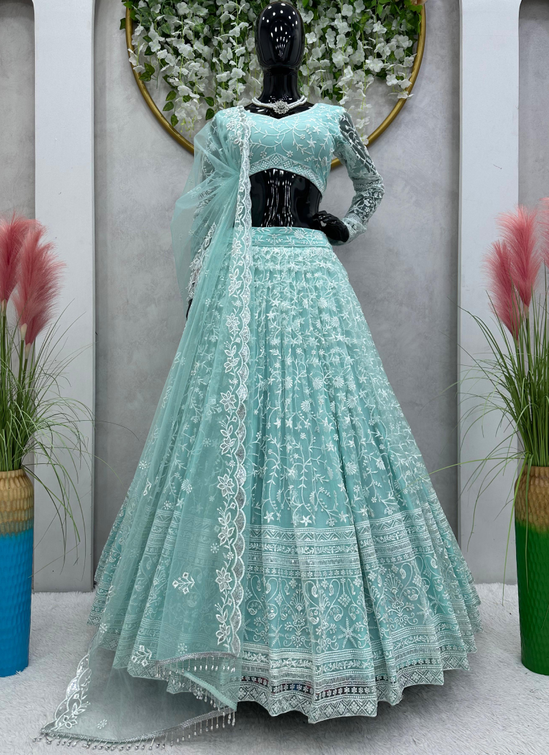 Awesome Thread Embroidered Sky Blue Net Lehenga Choli For Party