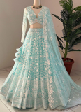 Awesome Thread Embroidered Sky Blue Net Lehenga Choli For Party