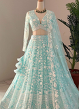 Awesome Thread Embroidered Sky Blue Net Lehenga Choli For Party