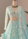 Awesome Thread Embroidered Sky Blue Net Lehenga Choli For Party