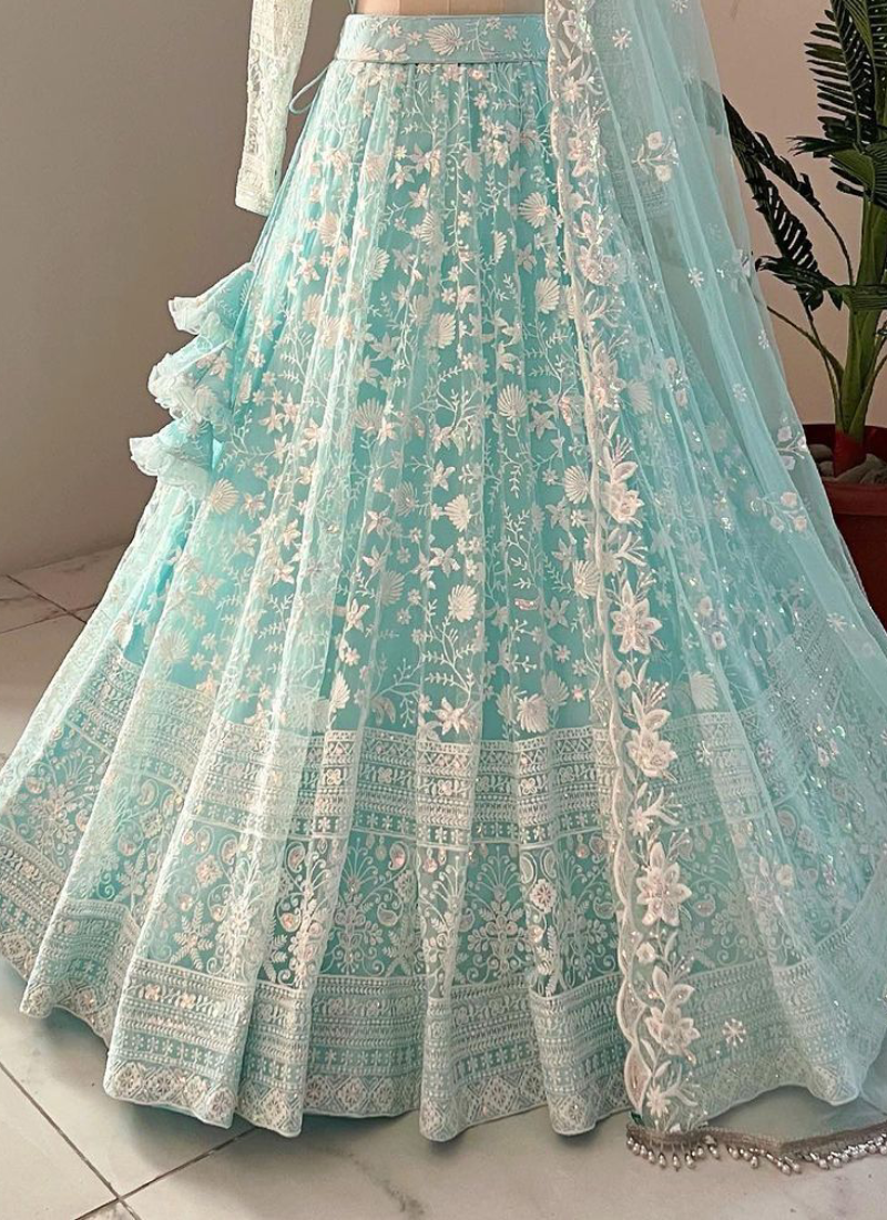 Awesome Thread Embroidered Sky Blue Net Lehenga Choli For Party