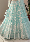 Awesome Thread Embroidered Sky Blue Net Lehenga Choli For Party