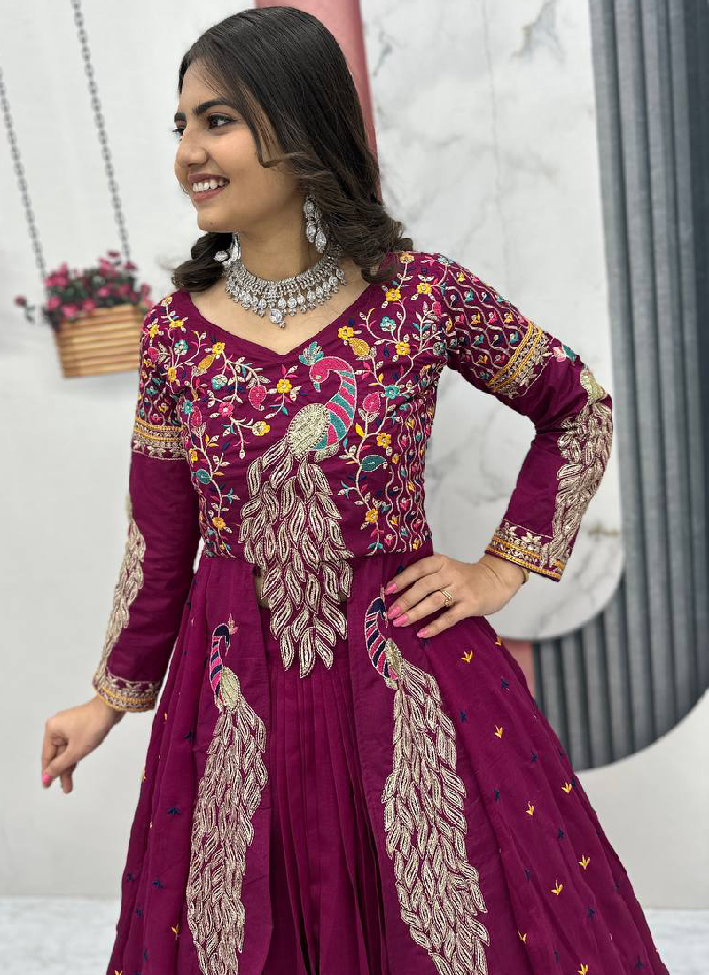 Awesome Heavy Zari Embroidered Vichitra Silk Purple Crop Top Lehenga